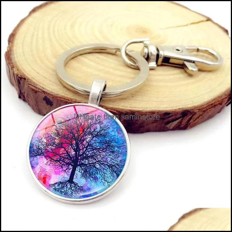 tree of life glass cabochon key ring time gem keychain hanging fashion jewelry