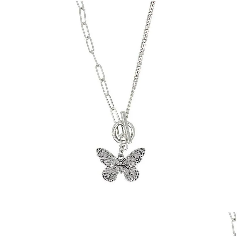 vintage silver butterfly charm necklace for women new fashion stainless steel hip hop jewelry ot lock animal pendant collar choker