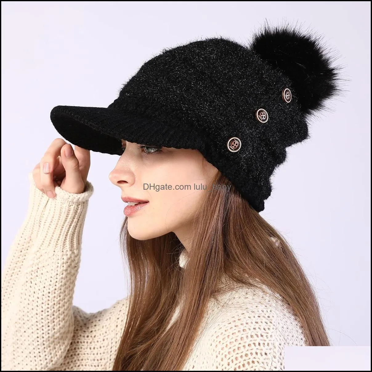 knit winter warm fleece lined button hat cap fur ball baseball hat skull caps with brim women hats fashion accessories