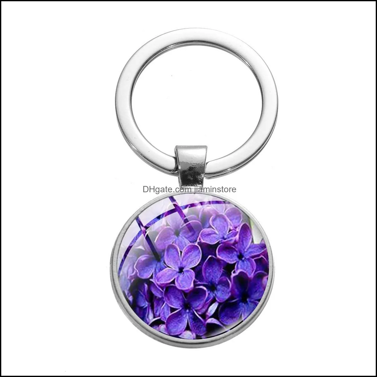 lavender glass cabochon key rings metal picture keychain handbag hangs for women children fashion jewelry