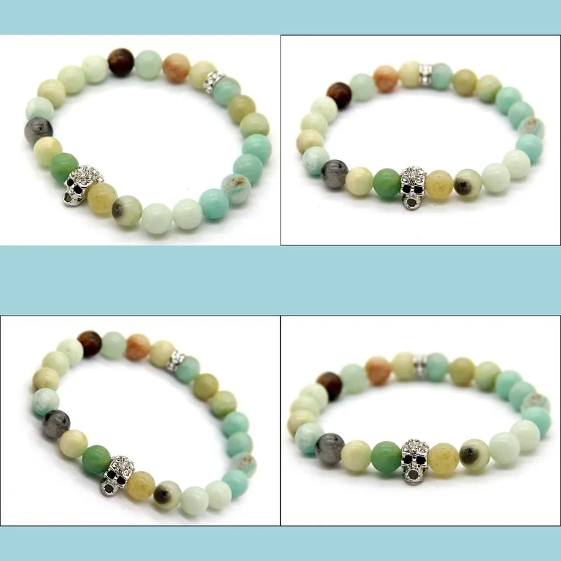 2015 new design jewelry wholesale 8mm natural amazonite stone beads silver skull bracelets, summer bracleets party gift