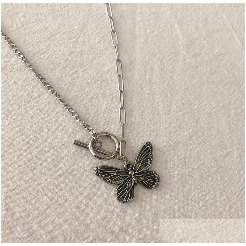 vintage silver butterfly charm necklace for women new fashion stainless steel hip hop jewelry ot lock animal pendant collar choker