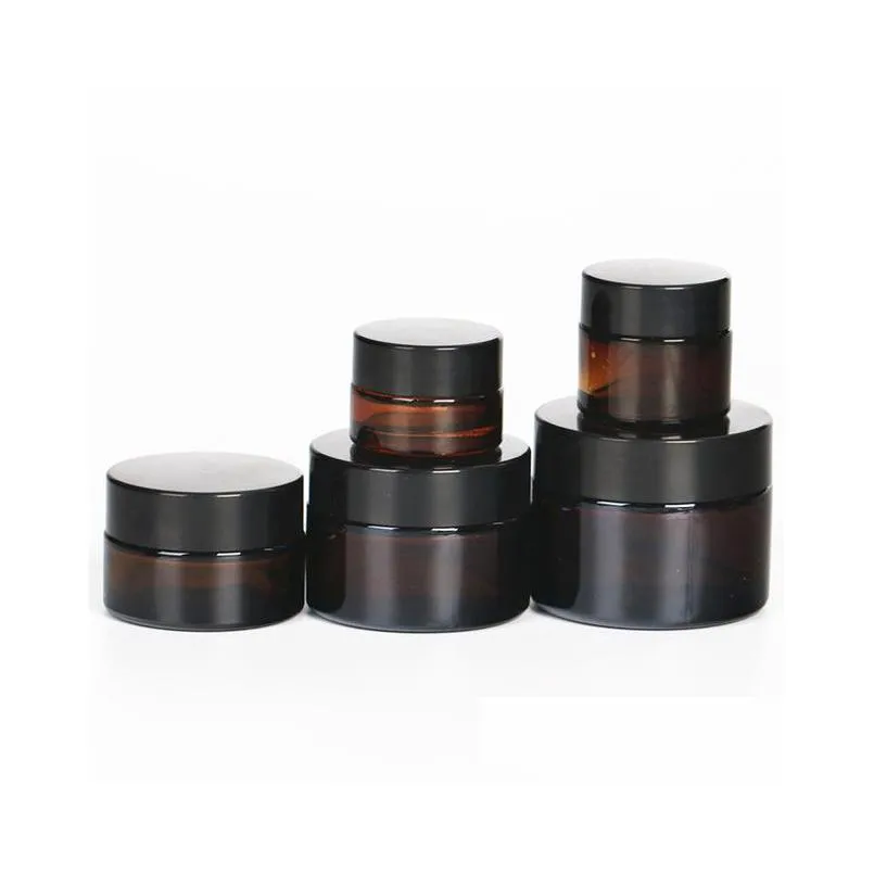 10pcs/lot 5g 10g 20g 30g 50g glass jars for cosmetics amber glass cream jars cosmetic packaging with lid black plastic caps t200323