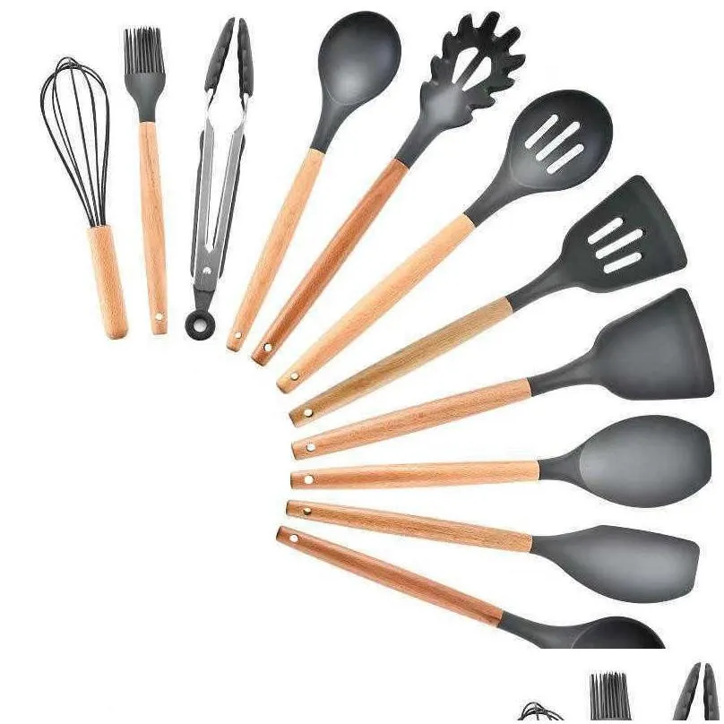 9/11/12pcs silicone cooking utensils set nonstick spatula shovel wooden handle cooking tools set with storage box kitchen tools