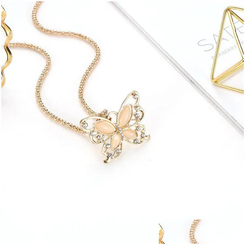 crystal butterfly pendant necklace 18k rose gold plated sweater necklace opal stone hallow long chain charms animal fashion korea