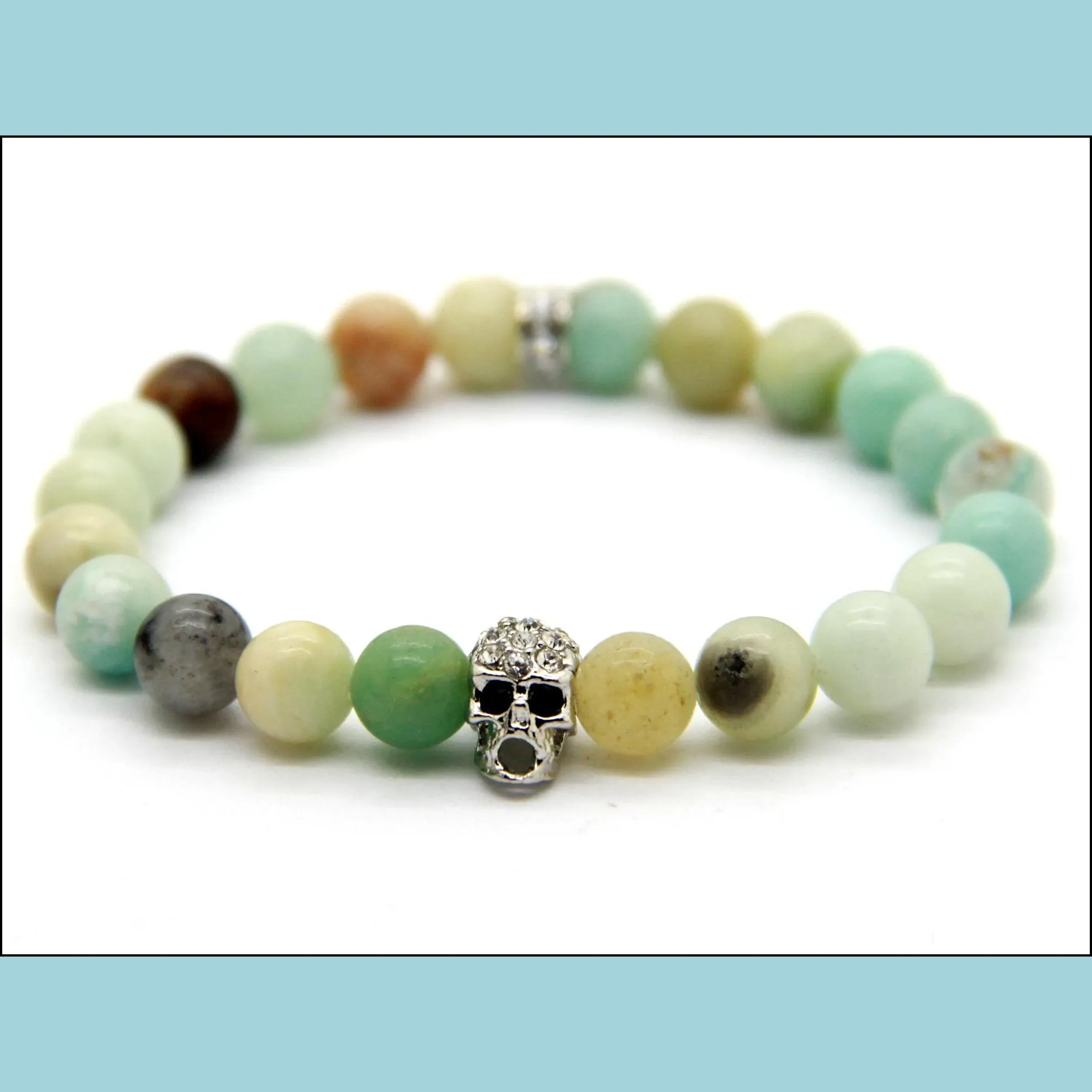 2015 new design jewelry wholesale 8mm natural amazonite stone beads silver skull bracelets, summer bracleets party gift