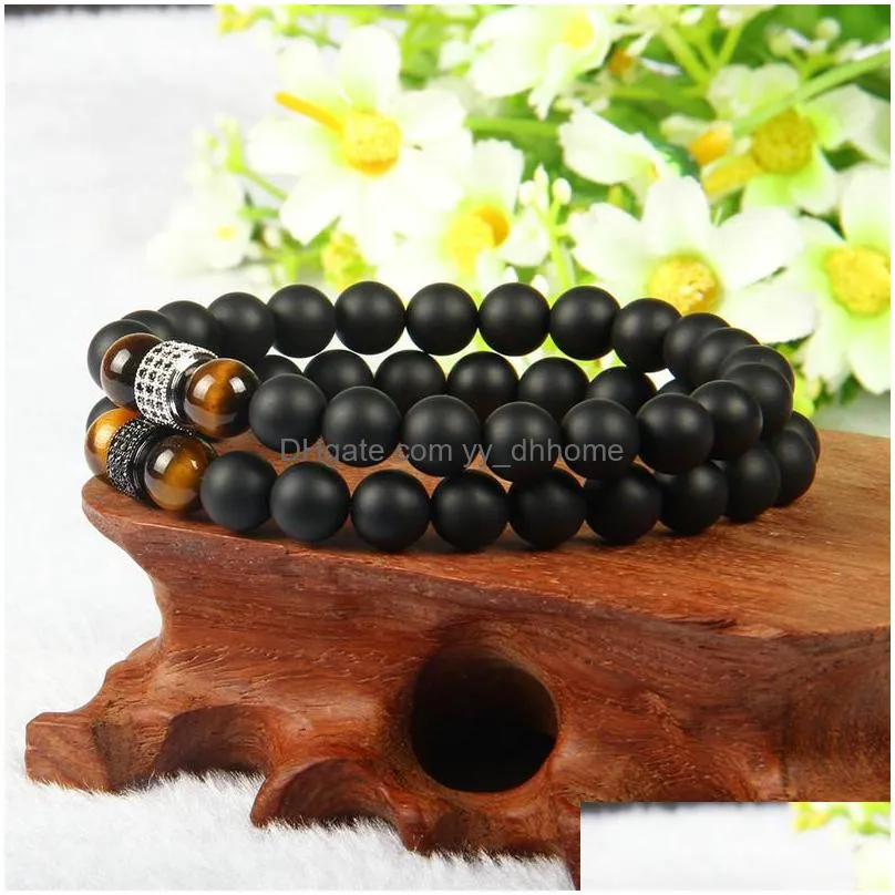  fashion jewelry wholesale 8mm matte agate stone beads with black cz cylinders beaded men bracelet bangle