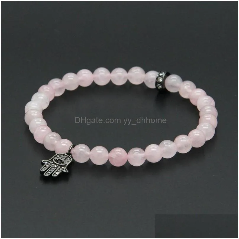 wholesale womens jewelry 10pcs/lot 6mm natural pink crystal stone with micro inlay zircons fatima hand hamsa pendant bracelets
