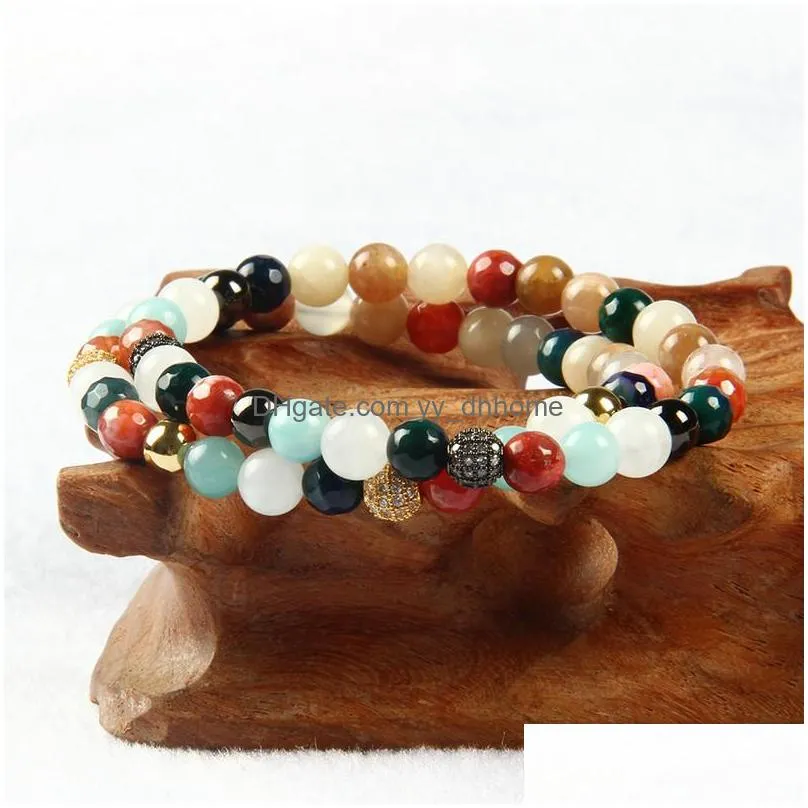  fashion womens summer jewelry wholesale 6mm natural mix colors stone beads with clear cz ball bracelet