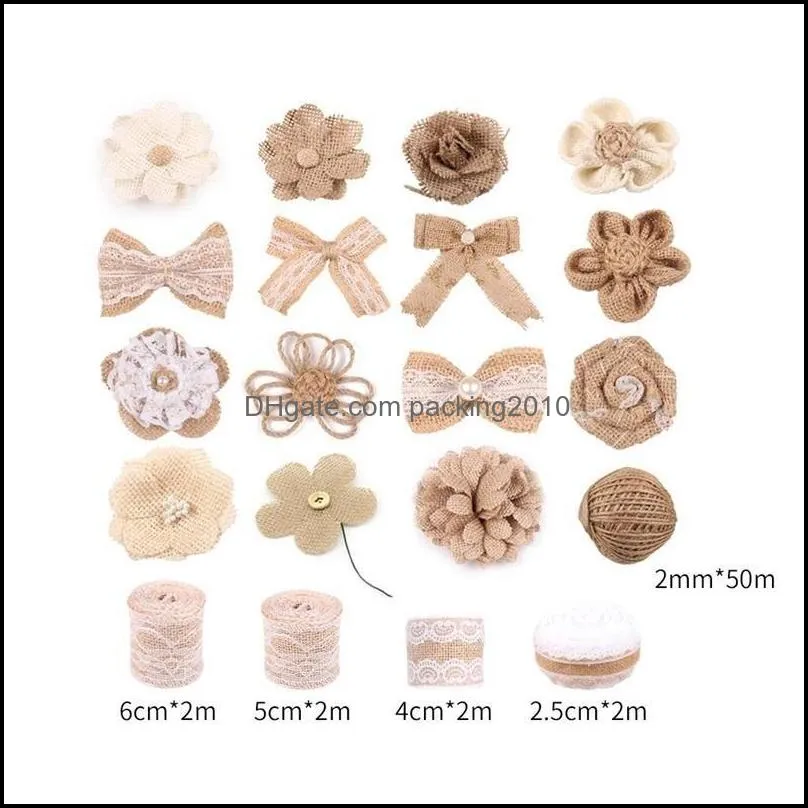 diy rustic wedding gardendecoration set hemp rope linen cloth roll simulation flower bow decorated suit hotselling with variou pattern 28jx7