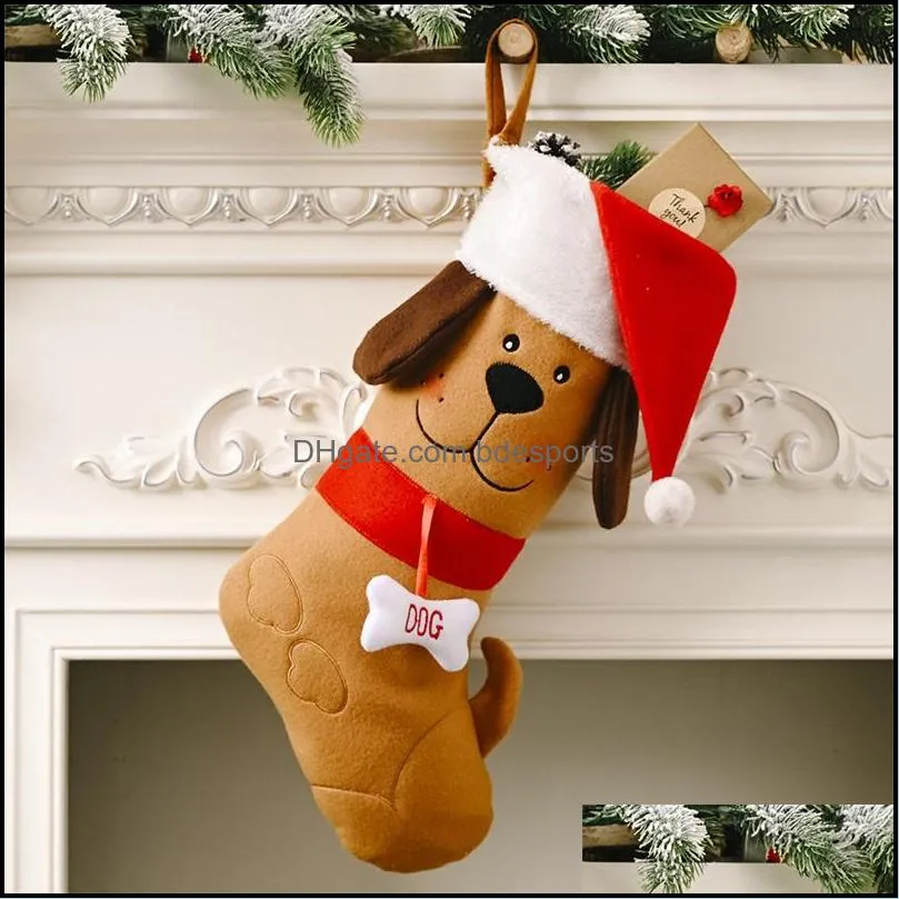 christmas stocking embroidered dog with santa hat pattern xmas tree hanging pendant ornament gift bag 4804 q2