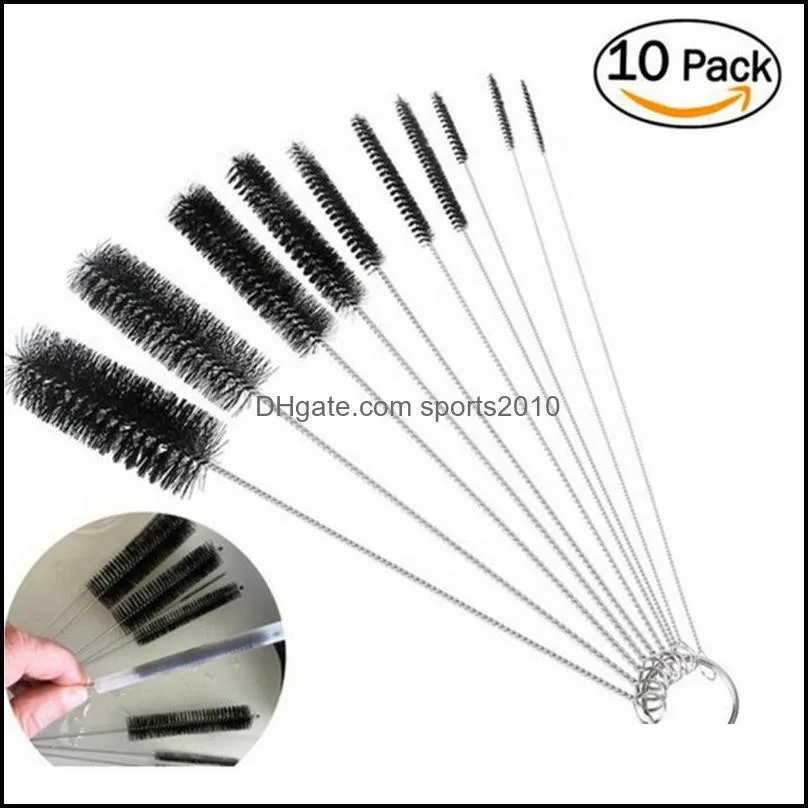10pcs drinking straws cleaning brushes set nylon pipe tube brush for bottle keyboards jewelry stainless steel handle clean brush tools
