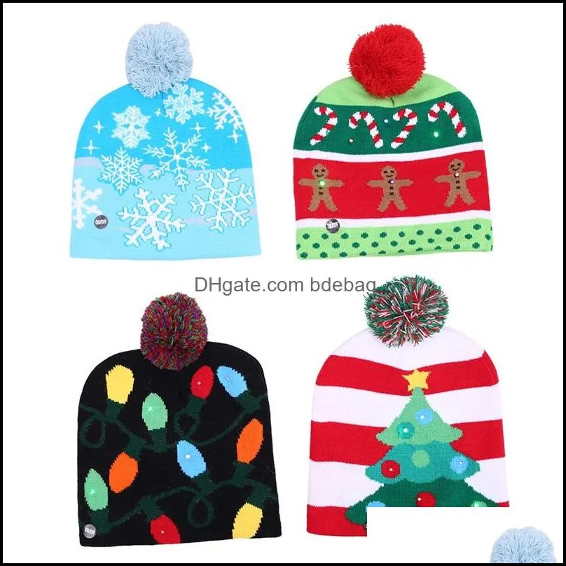 christmas decorations led party hat xmas tree snowman snowflake styles knitting beanie fashion glowing caps arrival 10hb e1