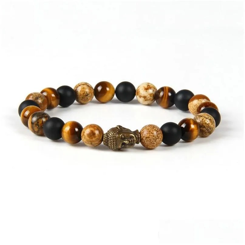  design fashion bracelet wholesale 10pcs/lot 8mm picture jasper with tiger eye stone beads bronze buddha head bracelets