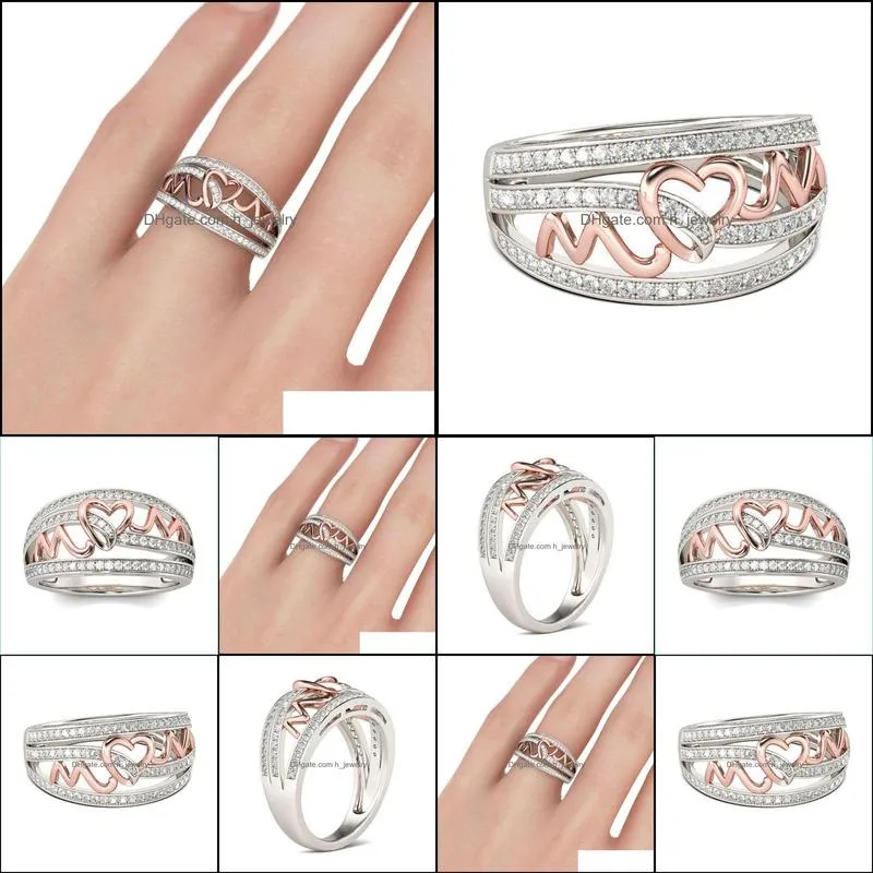 love mom ring hollow crystal heart rings band for women mother day birthday gift fashion jewelry