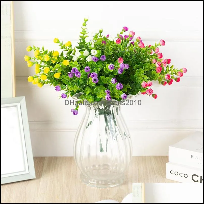 a bunch of artificial eucalyptus flower with rosebud potted flower arrangement plastic plant for wedding gardening decoration