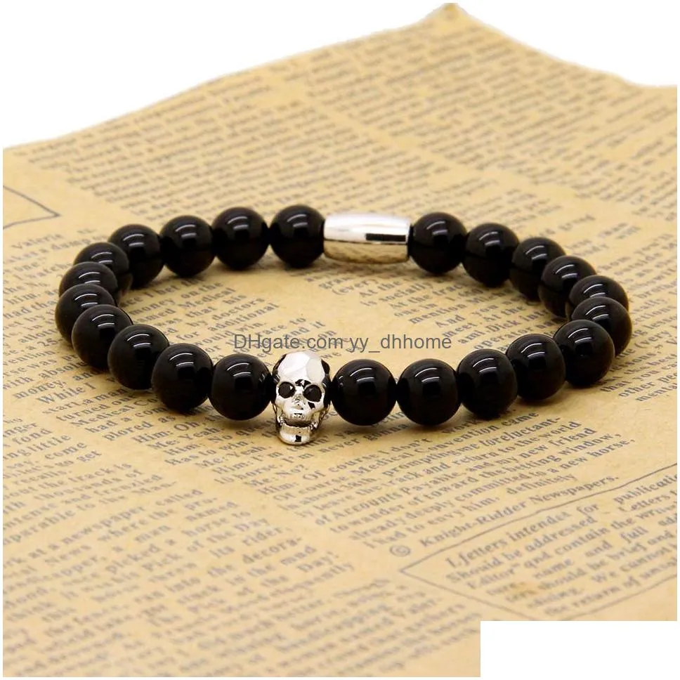 fashion jewelry wholesale micro pave black cz faceted mix colour skull with 8mm a grade black onyx stone beads tube mens bracelets