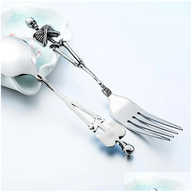 titanium steel skeleton skull fork spoon tableware vintage dinner table flatware cutlery set metal crafts halloween party gifts