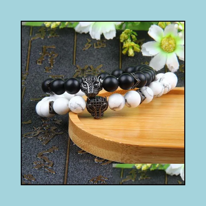 new black panther beaded leopard bracelets for men with natural tiger eye, white howlite stone, cinnabar stone beads