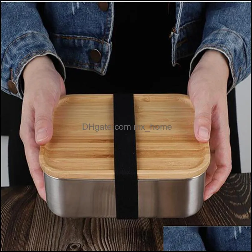 800ml food container lunch box with bamboo lid stainless steel rectangle bento box wooden top kitchen container natural easy for take