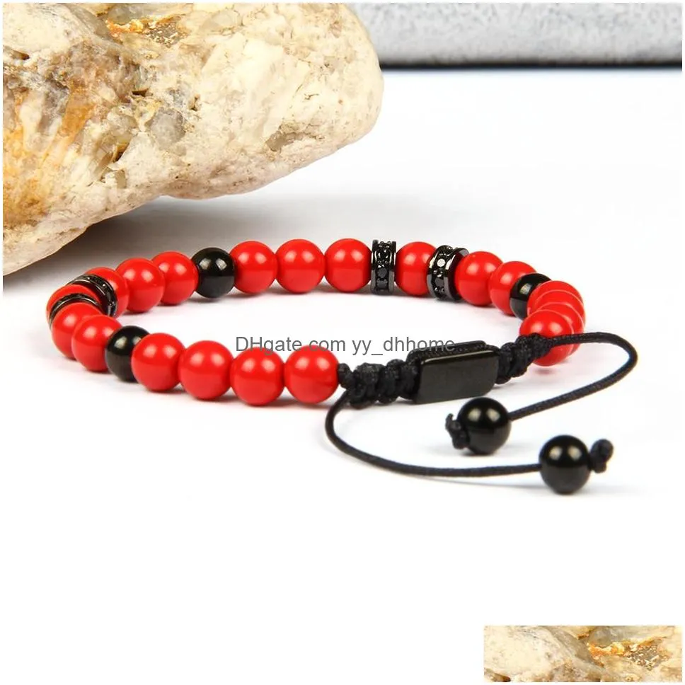  men bracelet black cz spacer beads macrame couples bracelets with 6mm cinnabar beads top quality 10pcs/lot