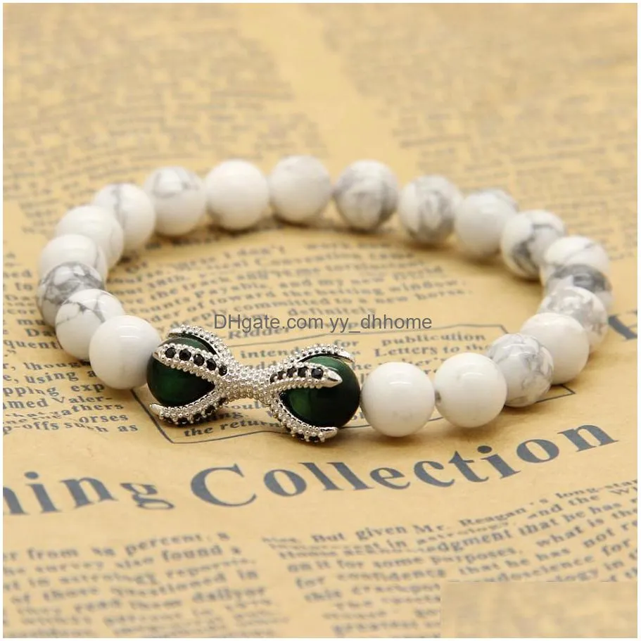 wholesale 10pcs/lot micro inlay black cz beads  paw charms bracelets white howlite marble stone with green tiger eye beads