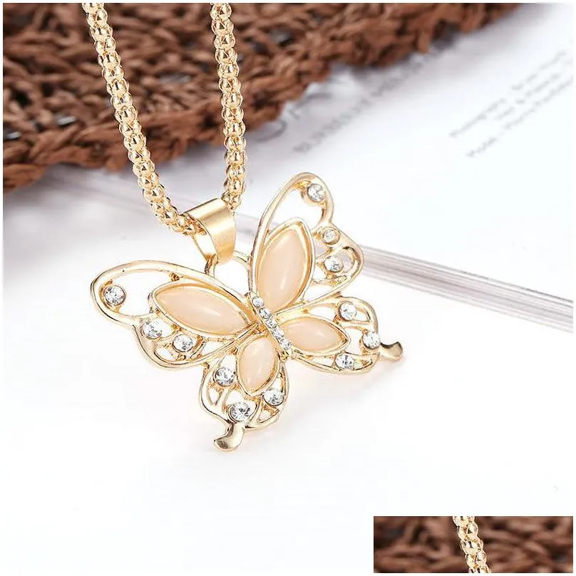 crystal butterfly pendant necklace 18k rose gold plated sweater necklace opal stone hallow long chain charms animal fashion korea