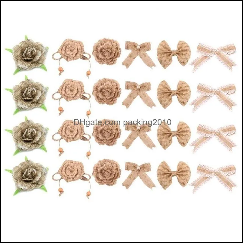 diy rustic wedding gardendecoration set hemp rope linen cloth roll simulation flower bow decorated suit hotselling with variou pattern 28jx7