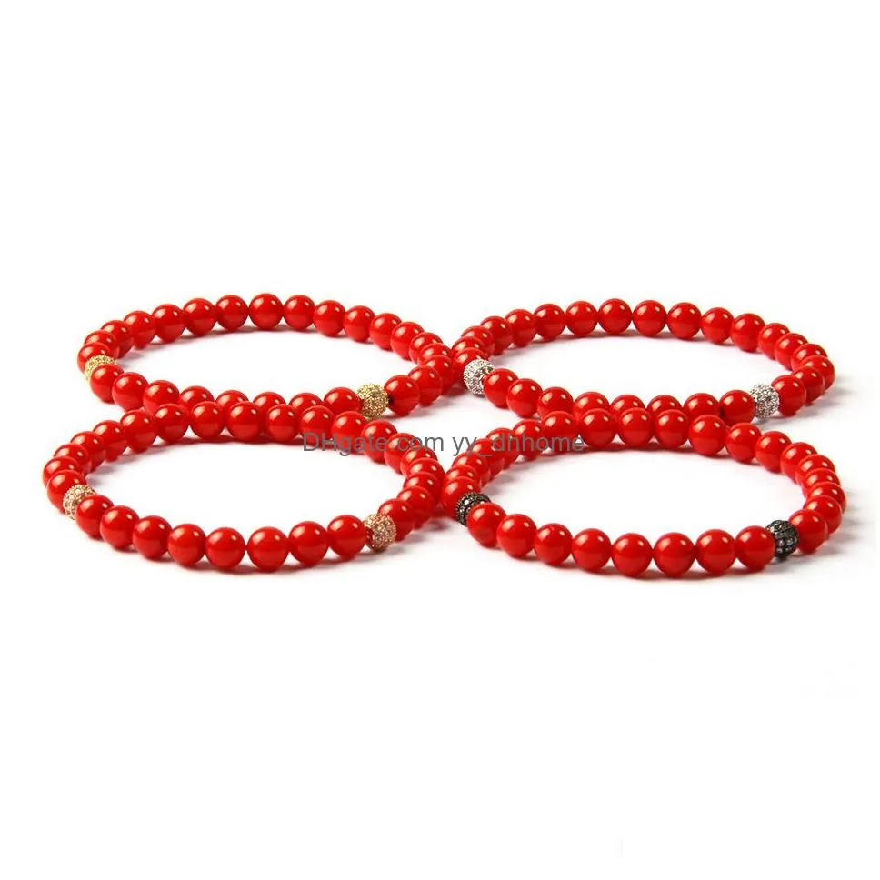 ailatu fashion stone jewelry 10 pieces wholesale 6mm a grade dyed red coral stone clear cz pave ball beaded bracelet for gift