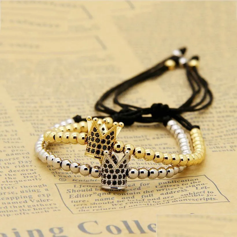 high grade jewelry wholesale 10pcs/lot top quality 4mm copper beads with black cz crown charm men macrame bracelet party gifts