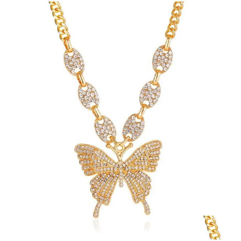 iced out butterfly necklaces luxury cuban link chains fashion party jewelry gift for women girls crystal rhinestone animal pendant punk hip hop