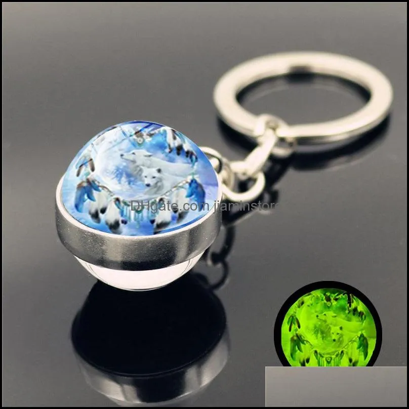 glass ball indians dream catcher wolf key ring glow in the dark luminous keyring keychain holders fashion jewelry
