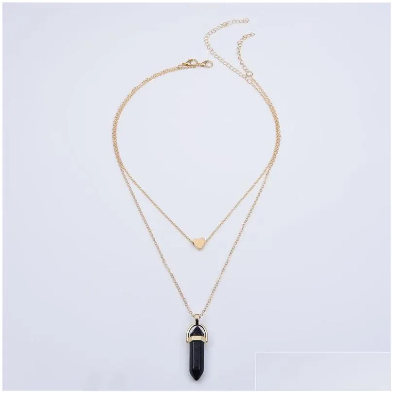 natural stones heart necklace fashion crystal quartz chakra bullet hexagonal prism point healing pendant necklaces double layer gold chain for women party