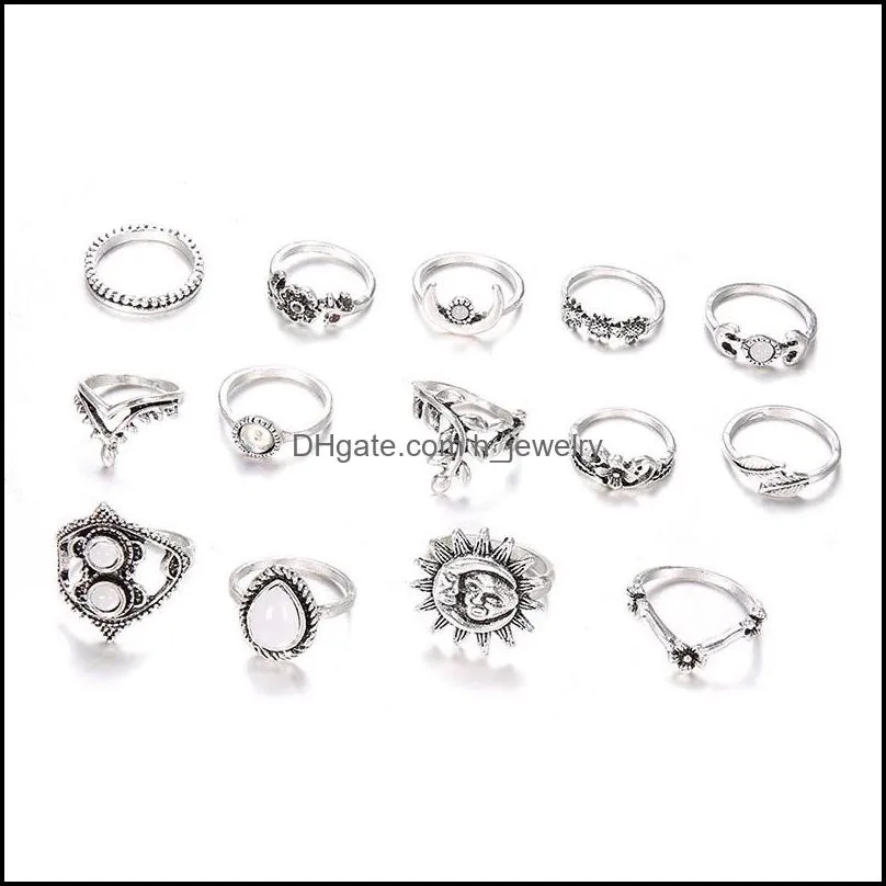 stone stacking rings crown moon leaf flower drop midi knuckle ring set women fashion jewelry