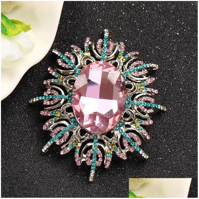 pins brooches elegant oval rhinestone transparent glass flower brooch pin for women crystal handmade colorful wedding dress jewelry