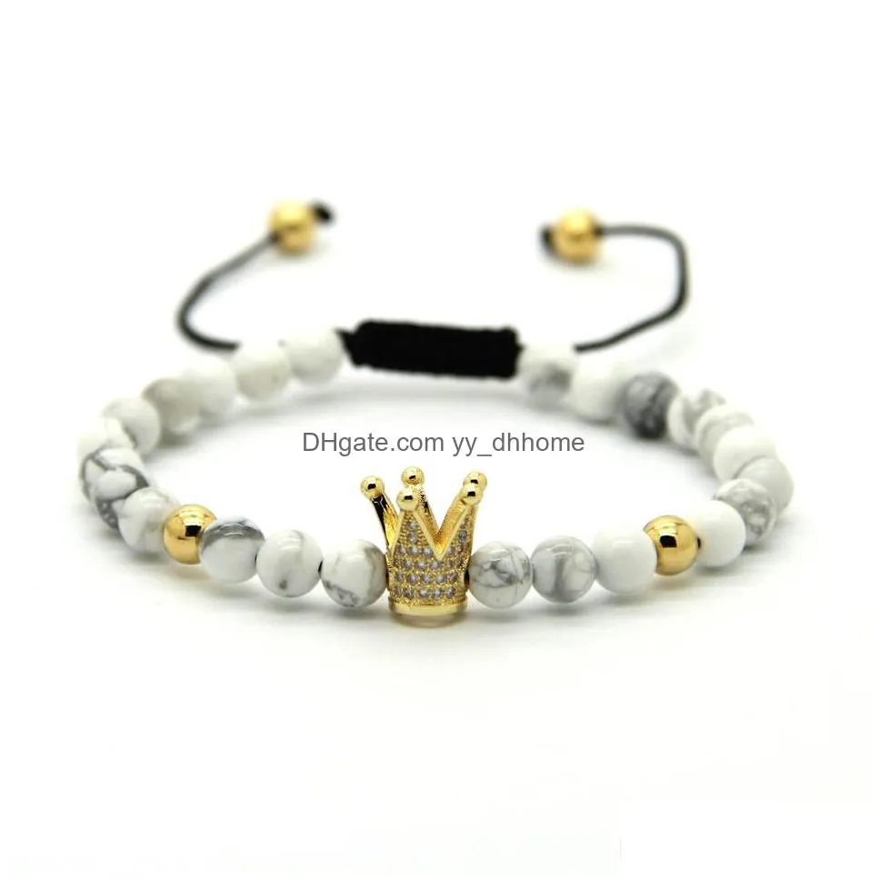 6mm natural white howlite matte agate stone copper beads gold and silver plated crown braided cz bracelet