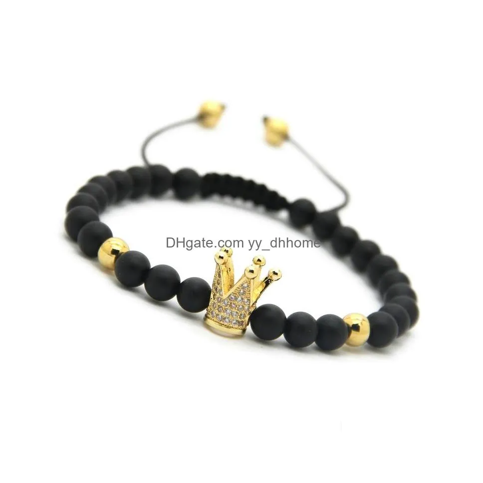 wholesale 10pcs/lot 6mm matte agate stone beads gold and platinum crown braided cz beads bracelet party gift