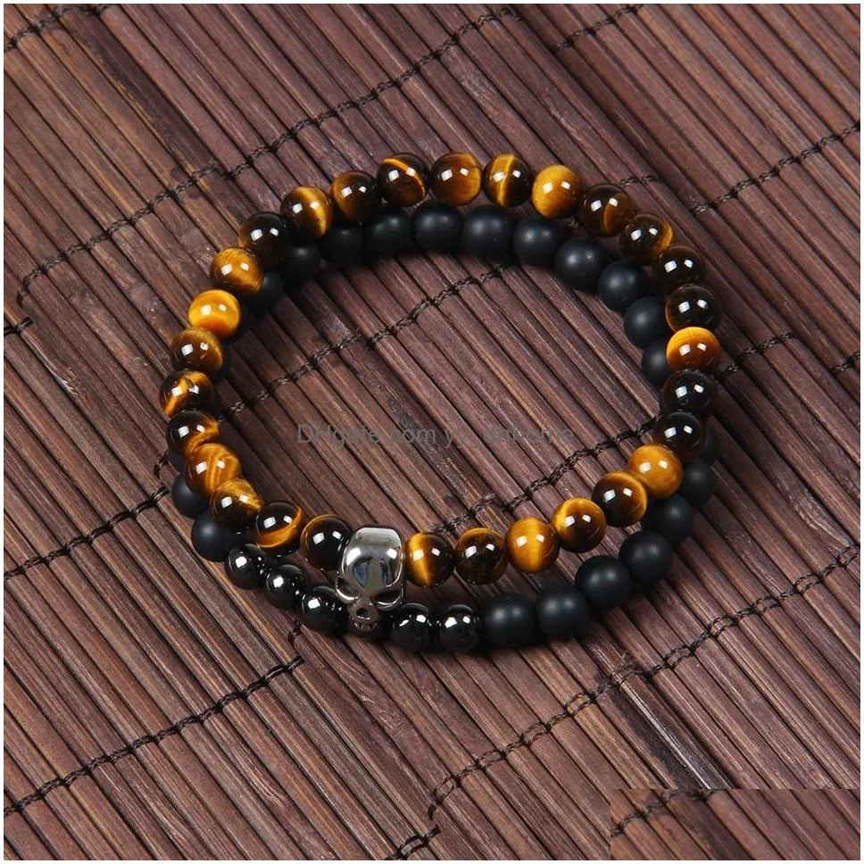  jewelry wholesale 10 sets /lot 6mm natural tiger eye matte stone beads top quality stainless steel skull beaded bracelets