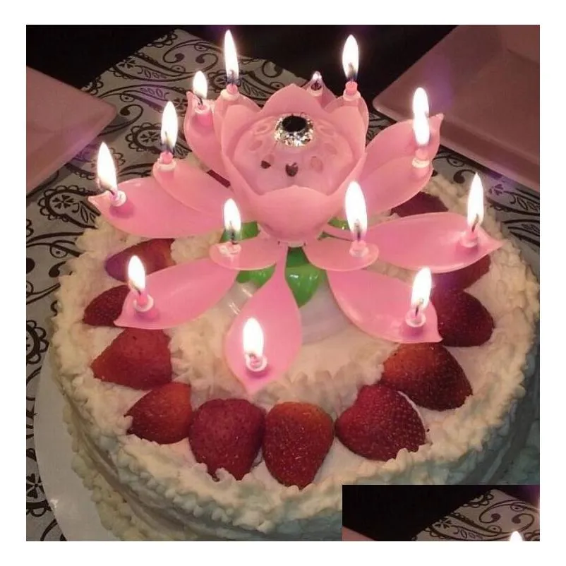 musical birthday candle magic lotus flower candles blossom rotating spin party candle 14 small candles 2layers cake topper decoration