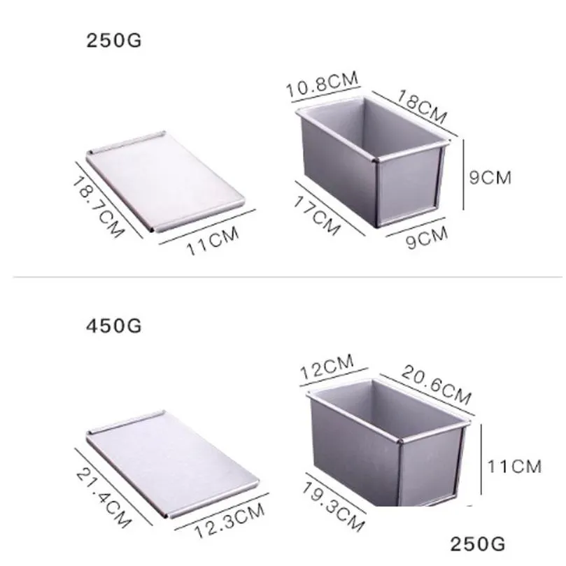 250g/450g/750g/900/1000/1200g aluminum alloy toast boxes bread loaf pan cake mold baking tool with lid t200111