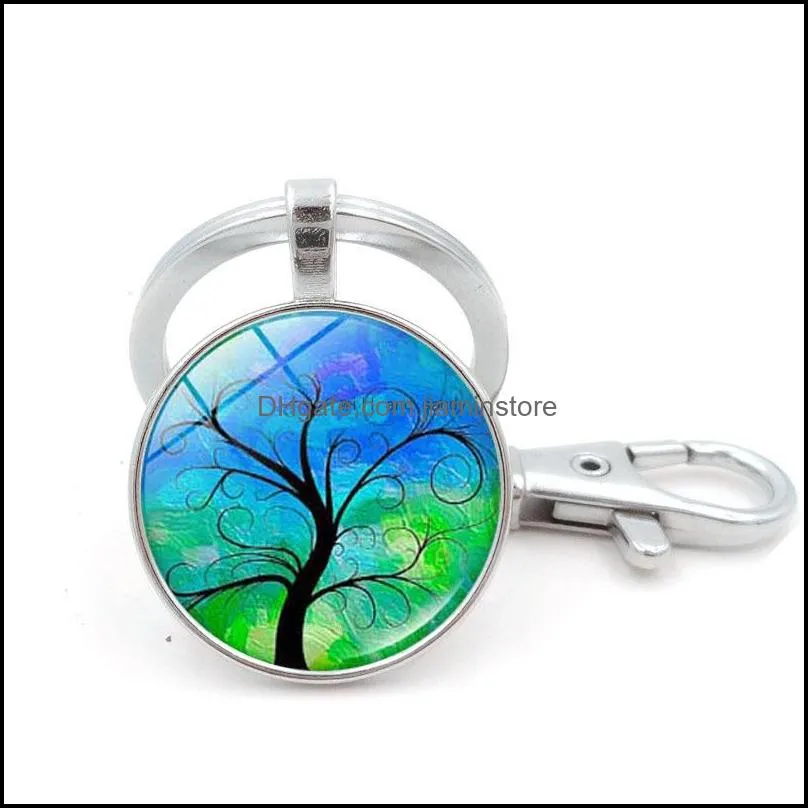 tree of life glass cabochon key ring time gem keychain hanging fashion jewelry