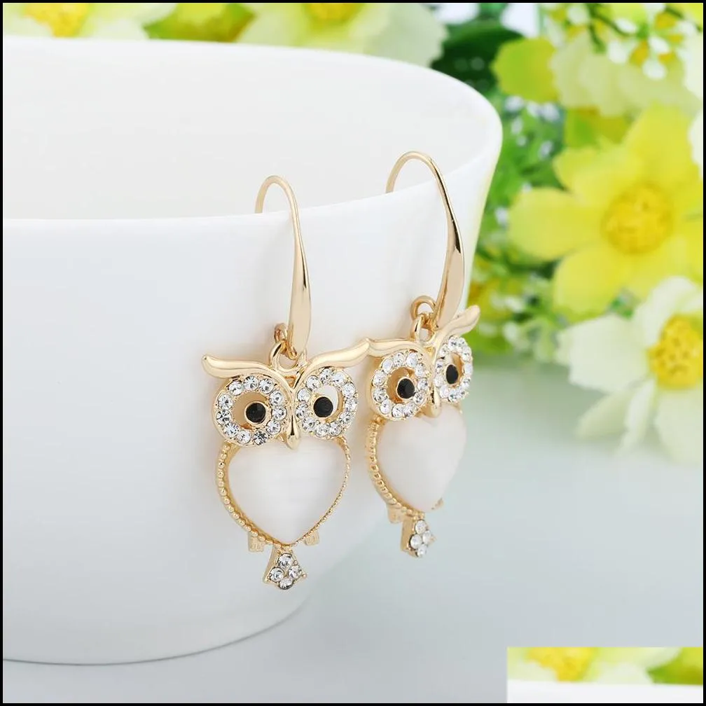 cute owl crystal earrings jewelry gold color animal earring with heart shape opal charms for women party jewelry