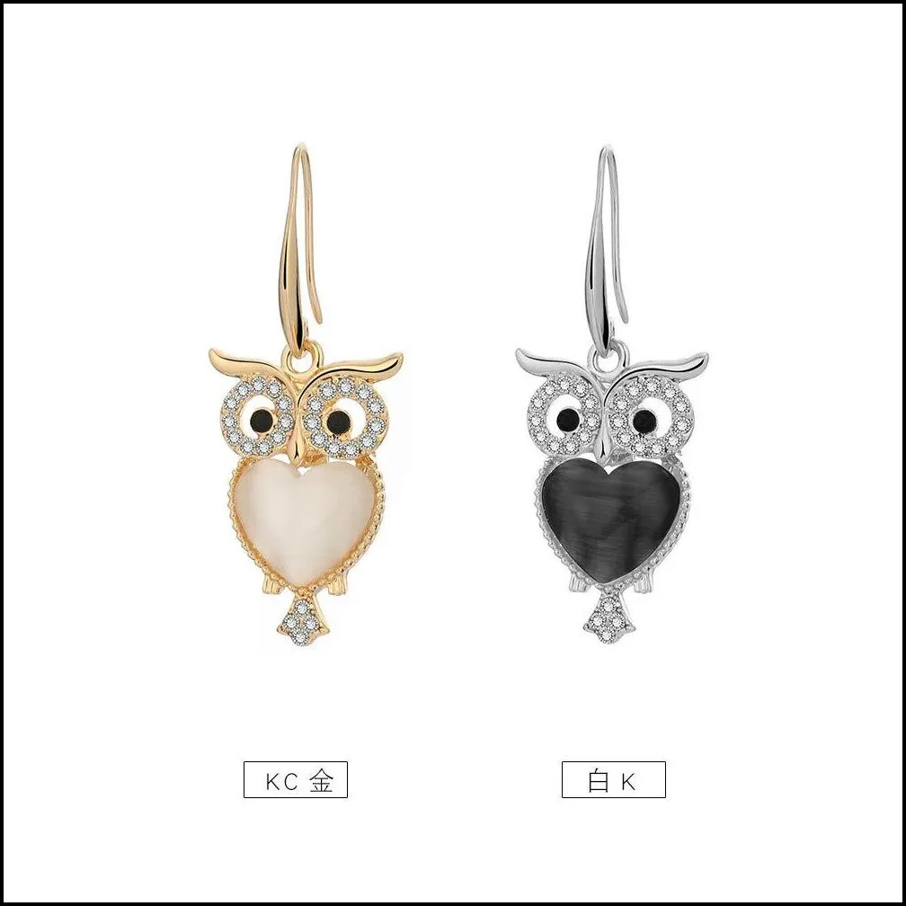 cute owl crystal earrings jewelry gold color animal earring with heart shape opal charms for women party jewelry