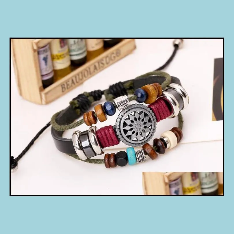 fashion multilayer men beaded leather bracelets sun shape charms braided bracelets for men women vintage punk wrap wristband jewelry