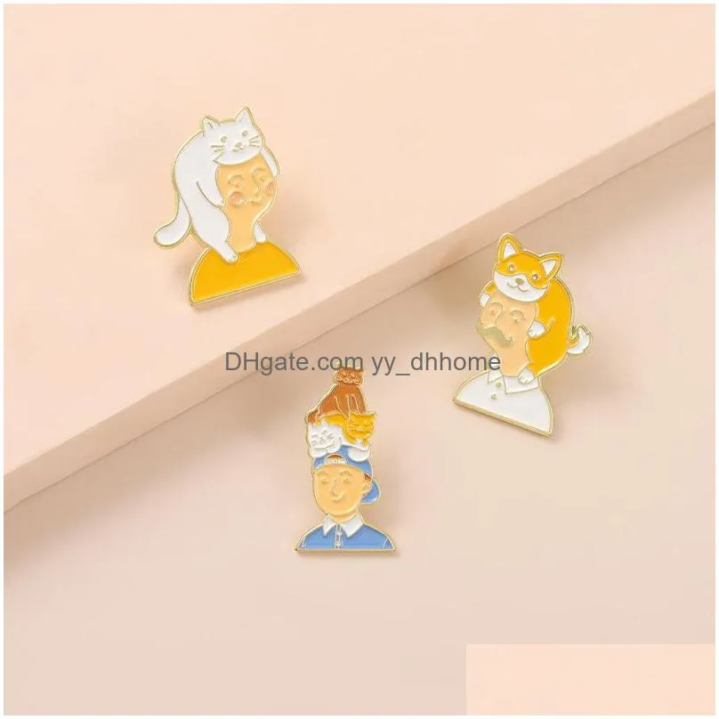 cartoon animal brooch pins 3pcs/set cute warm picture of cats and humans brooches for women enamel pin jewelry metal badges denim shirt bags small
