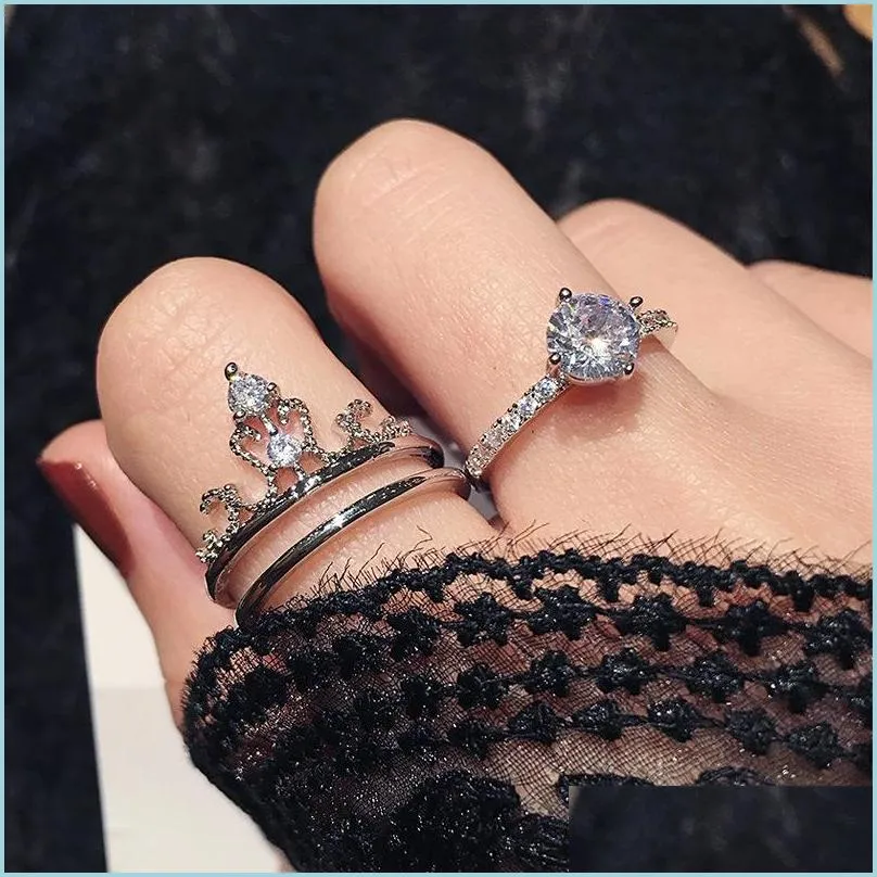 2in1 detachable zircon crown ring set open adjustable combination stacking rings band women engagement wedding gift fashion jewelry