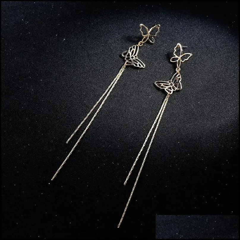 fashion long tassel earrings hollow double butterfly tassel earring 925 sterling silver needle for women wholesale jewelry