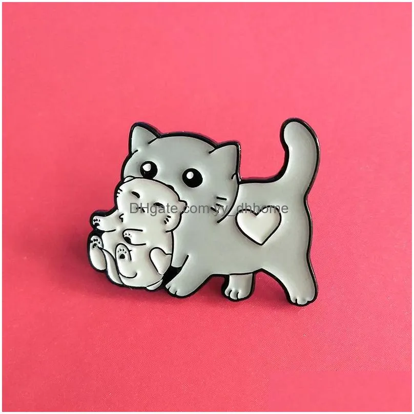 love heart cat with toys brooch pins eco enamel cartoon funny alloy plated brooches for girls gift jewelry badges bag clothes denim shirt