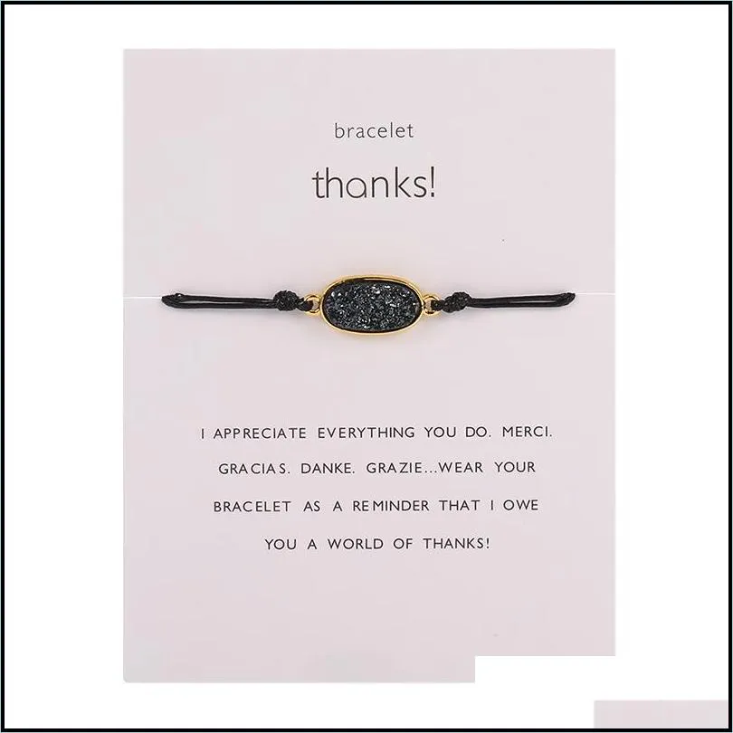 2019 thanks card adjustable bracelet golden oval resin stone charm bracelets colorful 10 colors wax rope bracelet jewelry gift