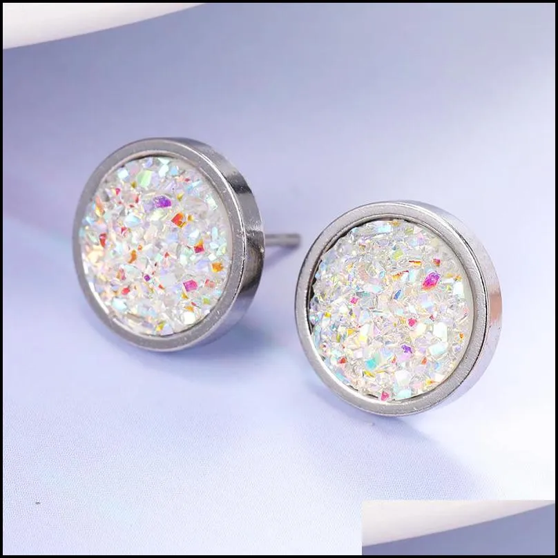 best selling druzy resin stud earrings simple and exquisite stainless steel stud earring geometric round mineral face crystal ear for